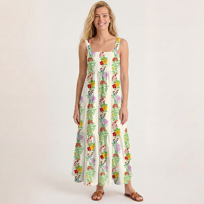 Square Neck Blossom Trail Print Wide Straps Maxi Dress With Pockets