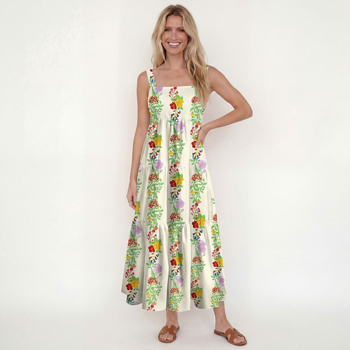 Square Neck Blossom Trail Print Wide Straps Maxi Dress With Pockets