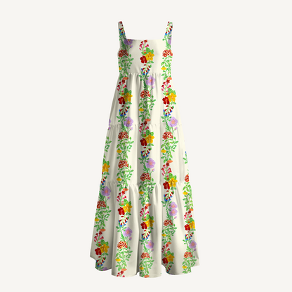 Square Neck Blossom Trail Print Wide Straps Maxi Dress With Pockets