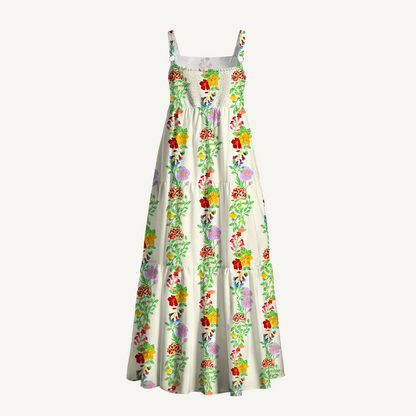 Square Neck Blossom Trail Print Wide Straps Maxi Dress With Pockets