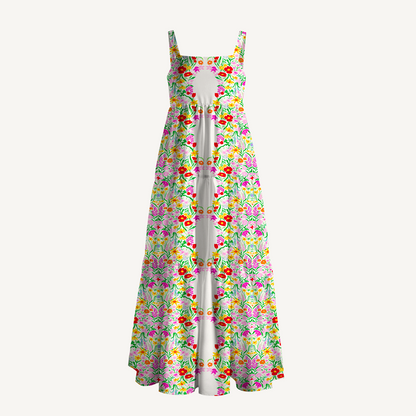Square Neck Elegant Garden Print Wide Straps Maxi Dress With Pockets