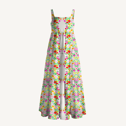 Square Neck Elegant Garden Print Wide Straps Maxi Dress With Pockets