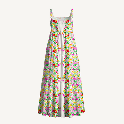 Square Neck Elegant Garden Print Wide Straps Maxi Dress With Pockets