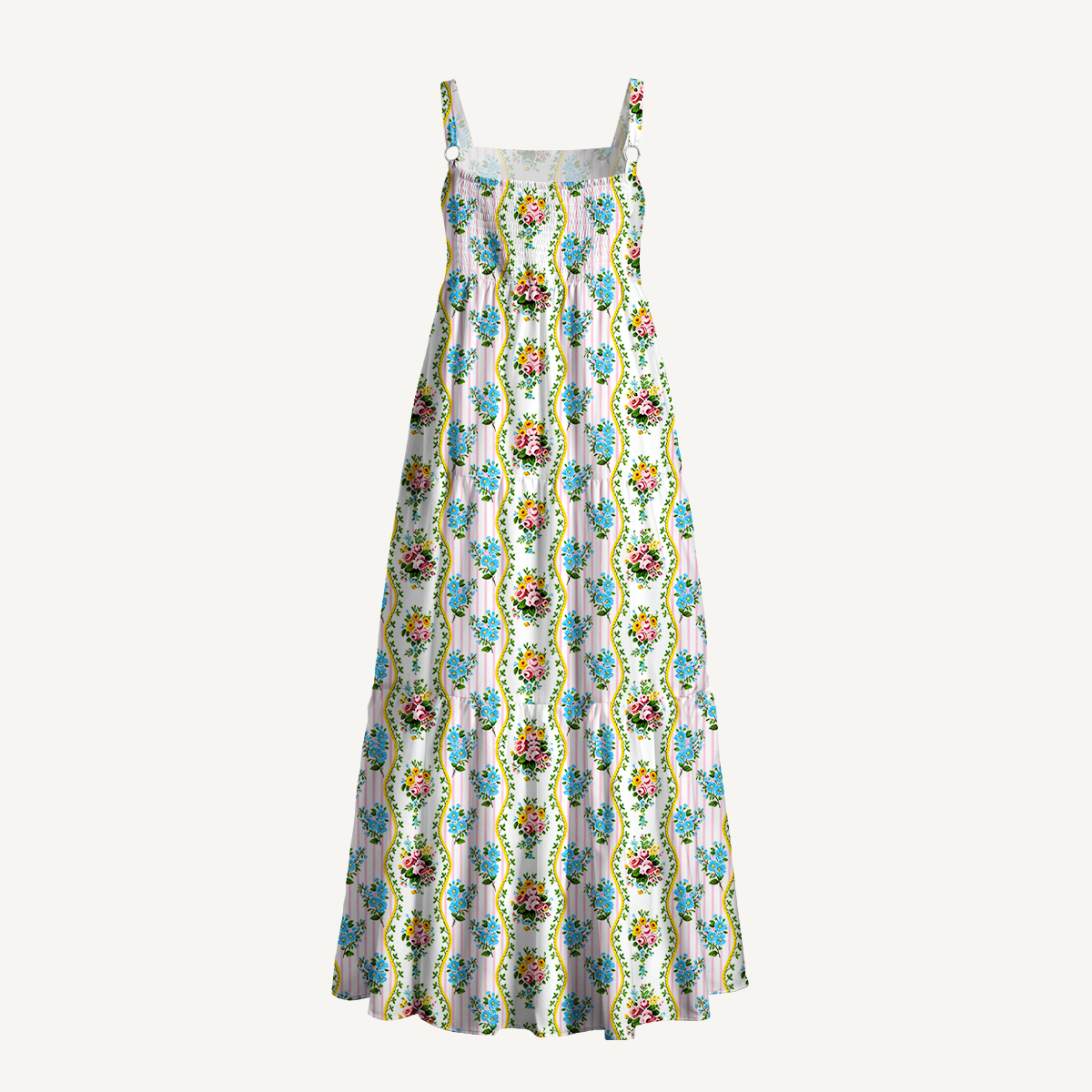 Square Neck Vintage Bouquet Rose Print Wide Straps Maxi Dress With Pockets