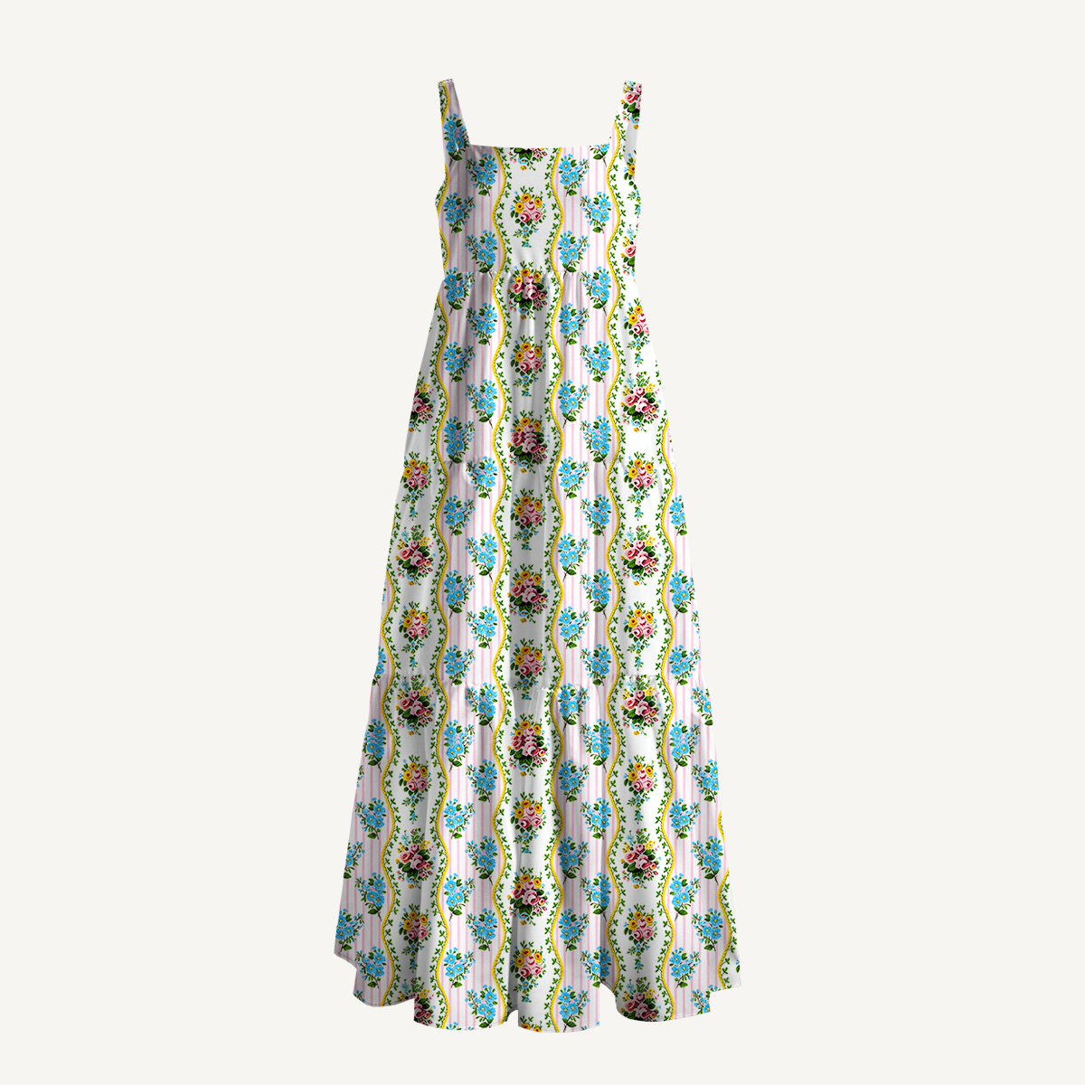 Square Neck Vintage Bouquet Rose Print Wide Straps Maxi Dress With Pockets