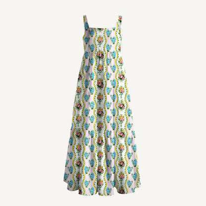 Square Neck Vintage Bouquet Rose Print Wide Straps Maxi Dress With Pockets
