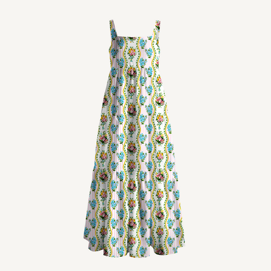 Square Neck Vintage Bouquet Rose Print Wide Straps Maxi Dress With Pockets