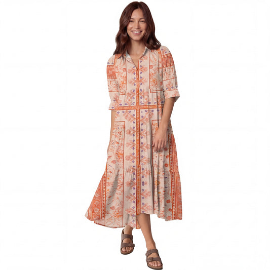 V Neck Collared Dahlia Midi Dress With Sleeves & Pockets