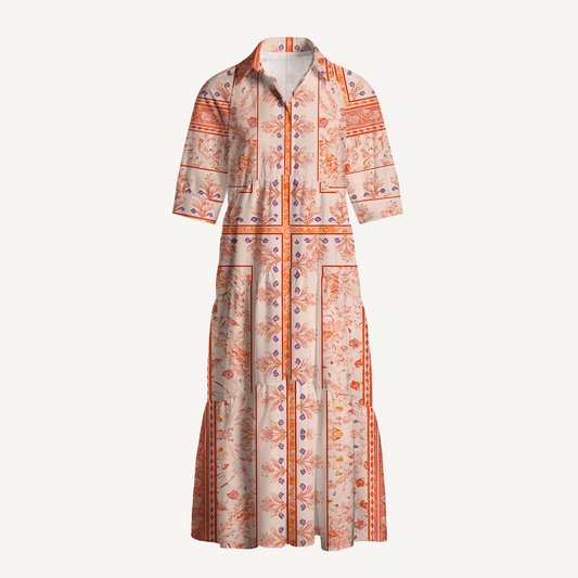 V Neck Collared Dahlia Midi Dress With Sleeves & Pockets