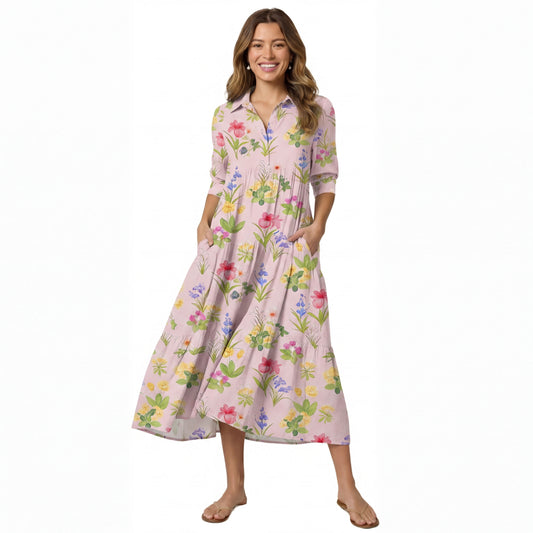 V Neck Collared Delicate Blossom Women Midi Dress With Pockets