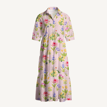 V Neck Collared Delicate Blossom Women Midi Dress With Pockets