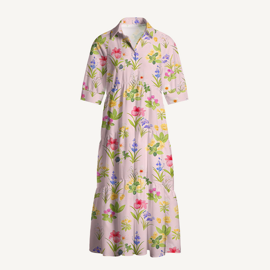 V Neck Collared Delicate Blossom Women Midi Dress With Pockets