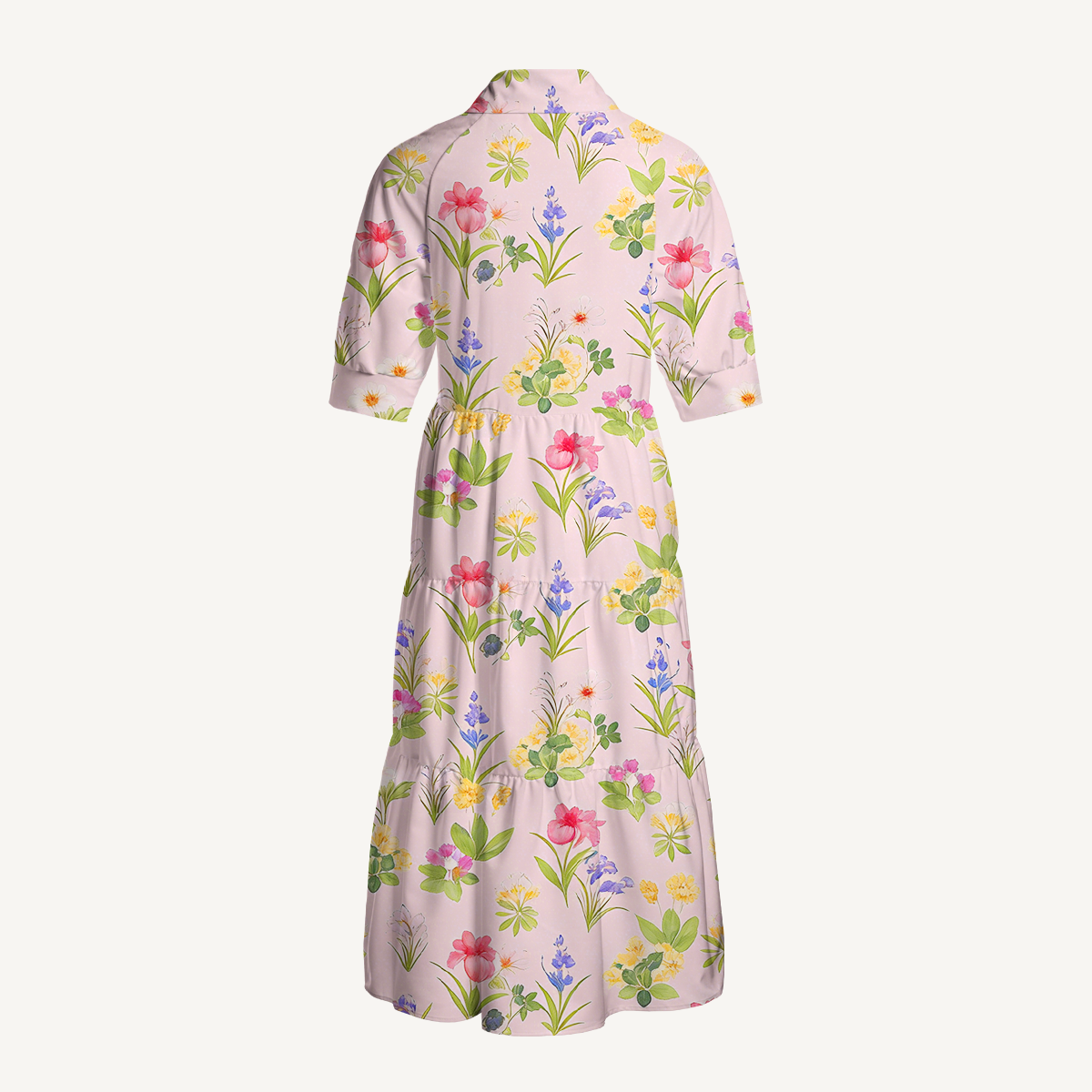 V Neck Collared Delicate Blossom Women Midi Dress With Pockets