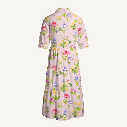 V Neck Collared Delicate Blossom Women Midi Dress With Pockets