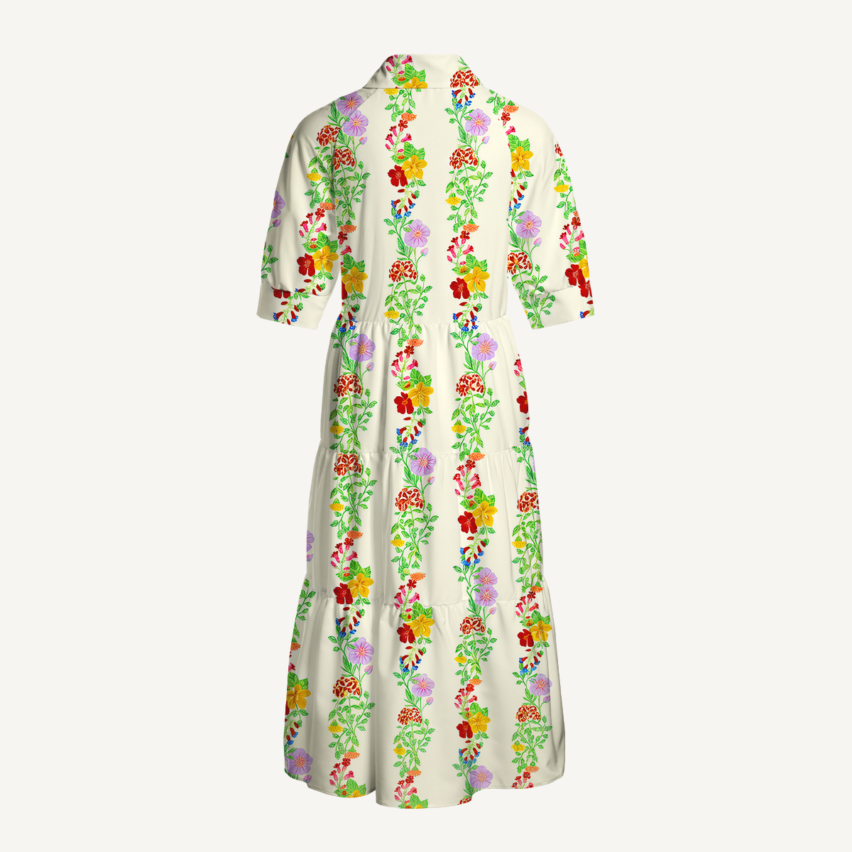 V Neck Collared Blossom Trail Casual Midi Dress With Pockets