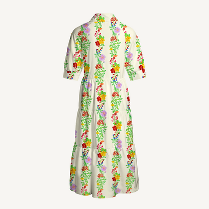 V Neck Collared Blossom Trail Casual Midi Dress With Pockets
