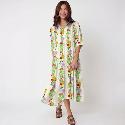 V Neck Collared Blossom Trail Casual Midi Dress With Pockets