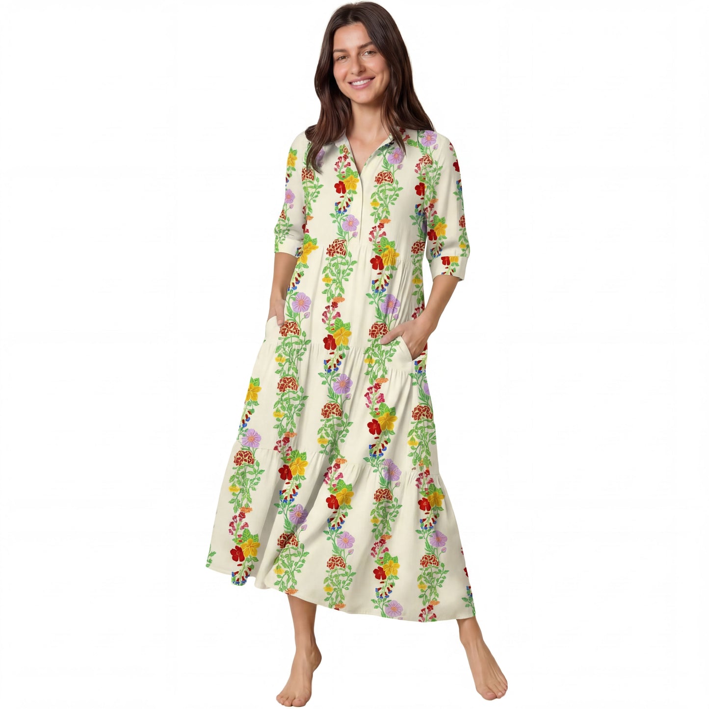 V Neck Collared Blossom Trail Casual Midi Dress With Pockets