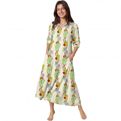 V Neck Collared Blossom Trail Casual Midi Dress With Pockets