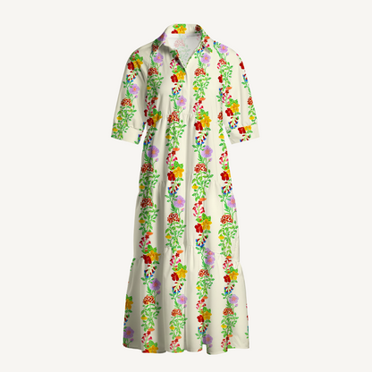 V Neck Collared Blossom Trail Casual Midi Dress With Pockets