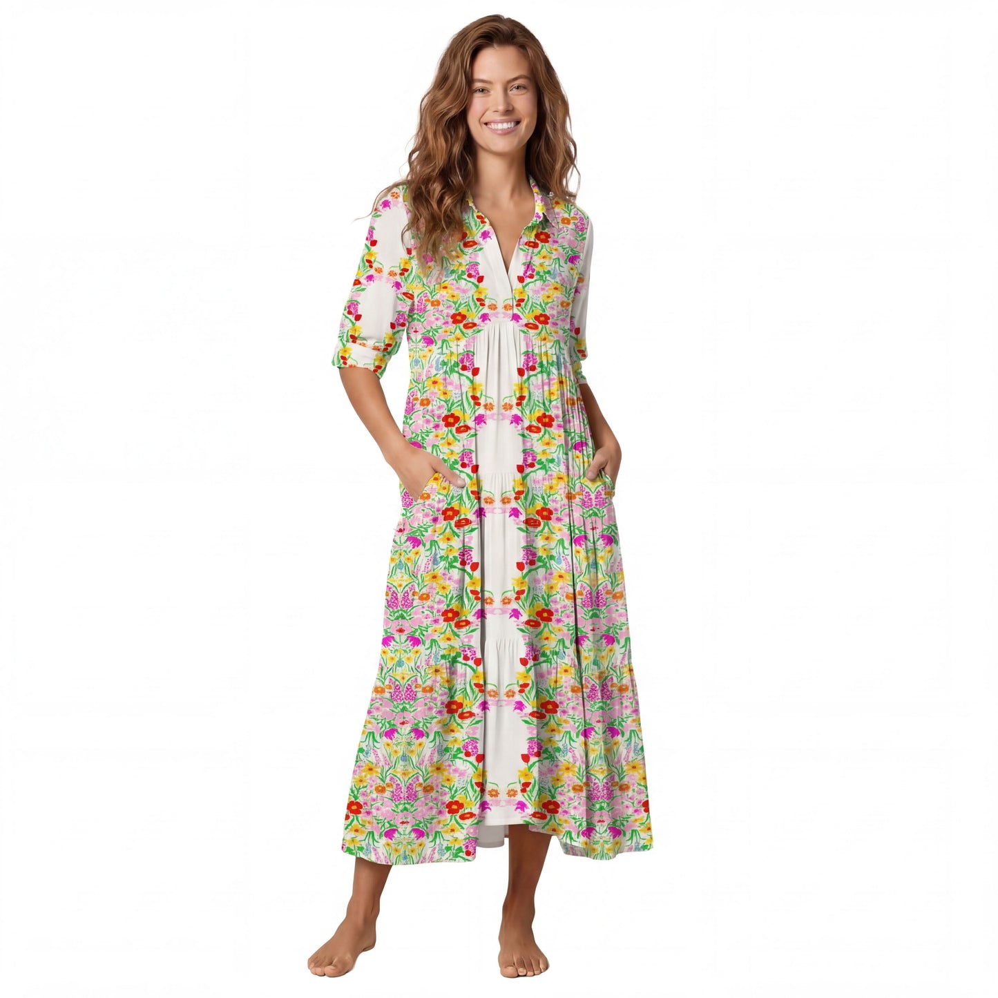 V Neck Collared Elegant Garden Casual Floral Midi Dress With Pockets