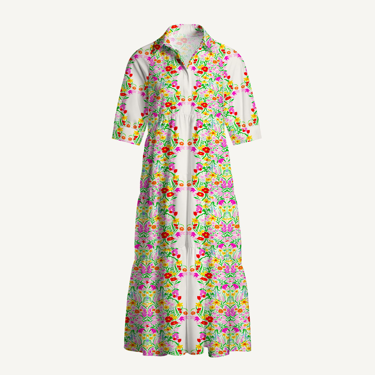 V Neck Collared Elegant Garden Casual Floral Midi Dress With Pockets