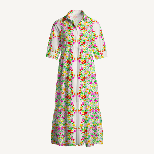 V Neck Collared Elegant Garden Casual Floral Midi Dress With Pockets