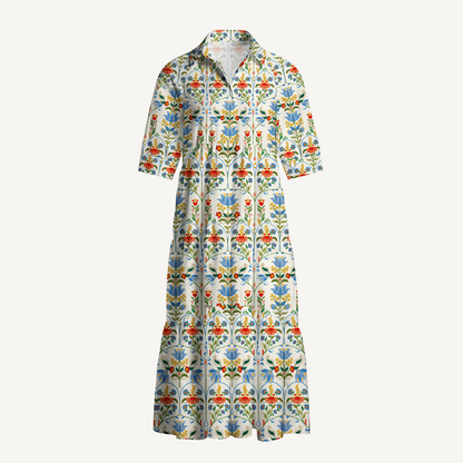 V Neck Collared Folk Bloom Midi Dress With Sleeves & Pockets