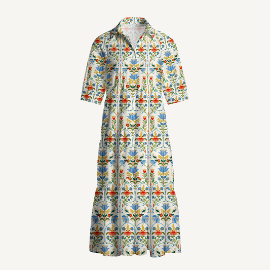 V Neck Collared Folk Bloom Midi Dress With Sleeves & Pockets