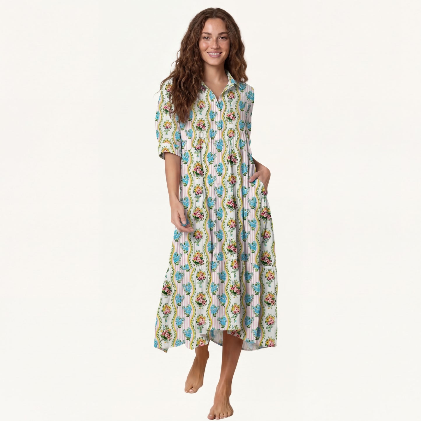 V Neck Collared Vintage Bouquet Rose Midi Dress For Women With Pockets