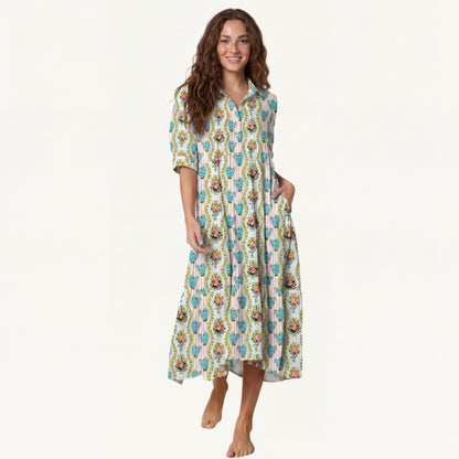 V Neck Collared Vintage Bouquet Rose Midi Dress For Women With Pockets