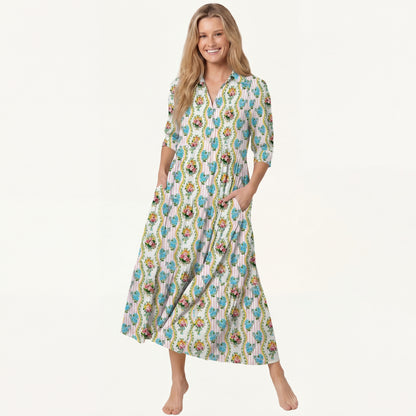 V Neck Collared Vintage Bouquet Rose Midi Dress For Women With Pockets