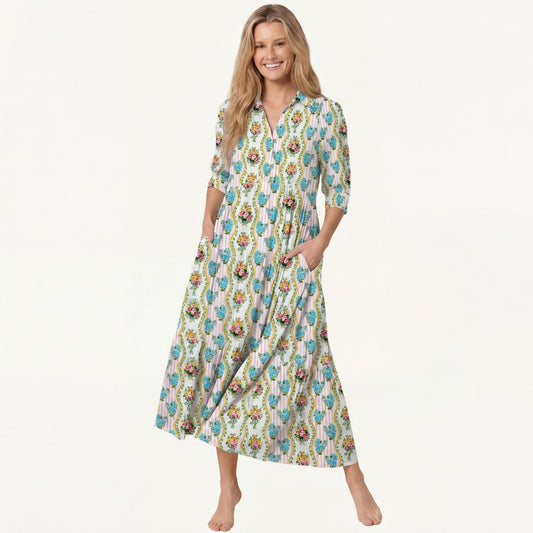 V Neck Collared Vintage Bouquet Rose Midi Dress For Women With Pockets