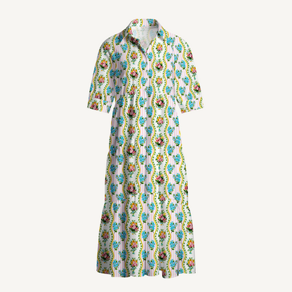 V Neck Collared Vintage Bouquet Rose Midi Dress For Women With Pockets