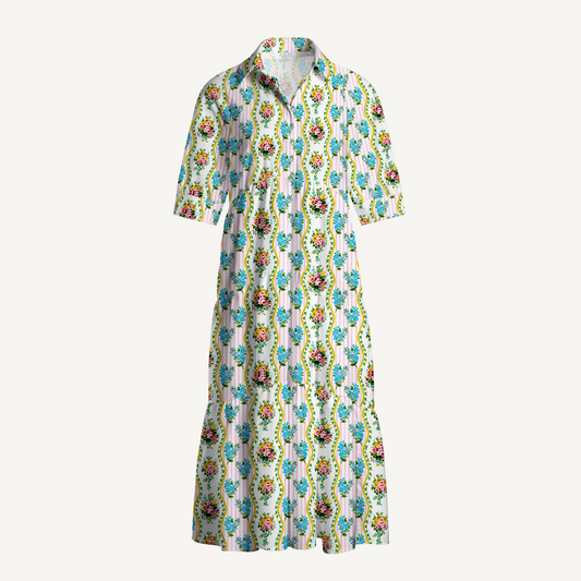 V Neck Collared Vintage Bouquet Rose Midi Dress For Women With Pockets