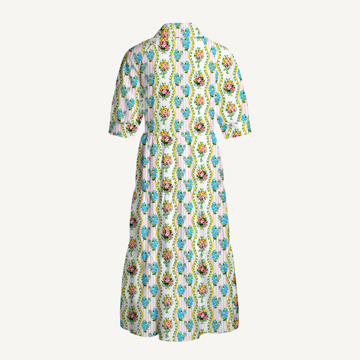 V Neck Collared Vintage Bouquet Rose Midi Dress For Women With Pockets