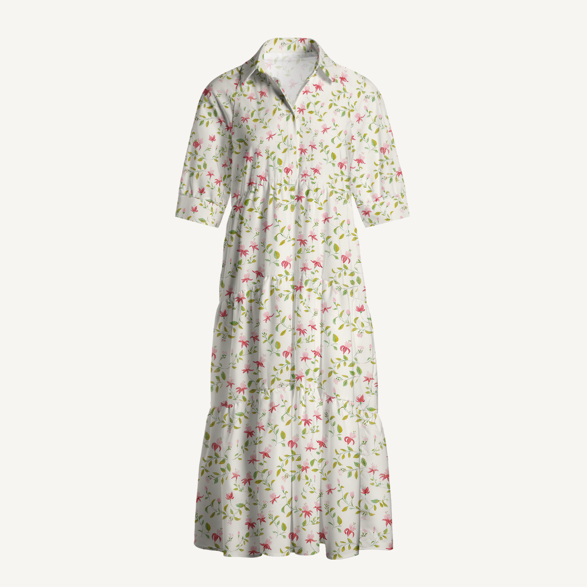 V Neck Collared Ruby Vine Casual Floral Midi Dress With Pockets