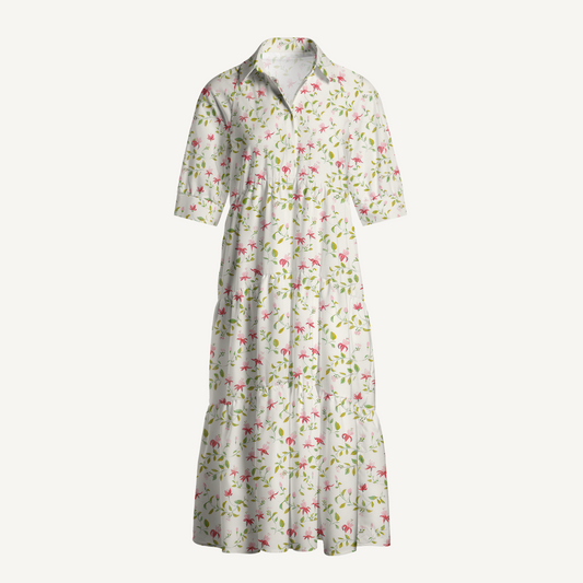 V Neck Collared Ruby Vine Casual Floral Midi Dress With Pockets