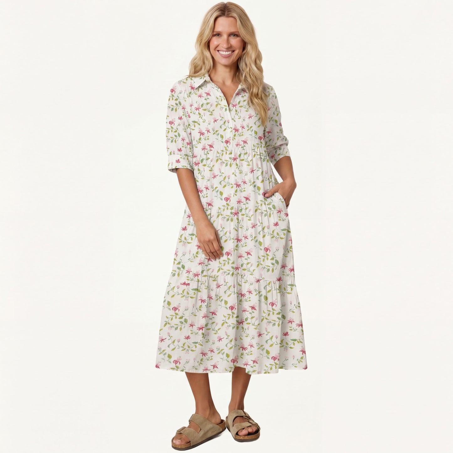 V Neck Collared Ruby Vine Casual Floral Midi Dress With Pockets