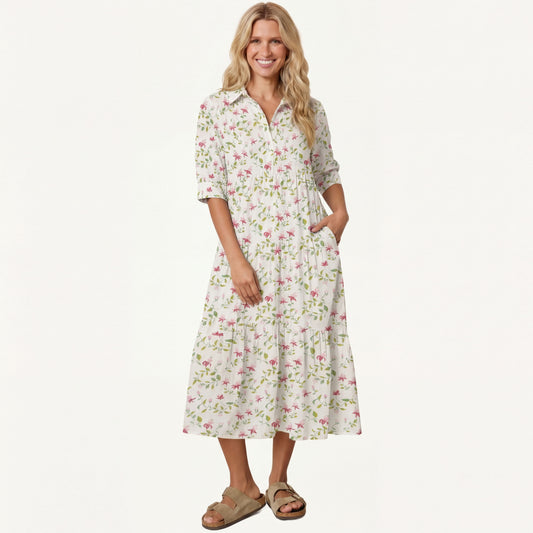 V Neck Collared Ruby Vine Casual Floral Midi Dress With Pockets
