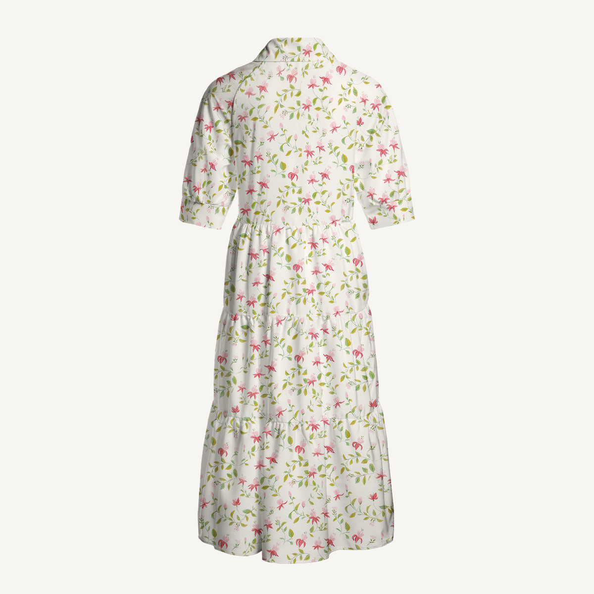 V Neck Collared Ruby Vine Casual Floral Midi Dress With Pockets
