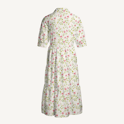 V Neck Collared Ruby Vine Casual Floral Midi Dress With Pockets