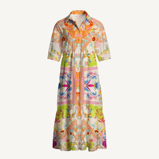 V Neck Collared Vivid Lily Floral Midi Dress With Pockets