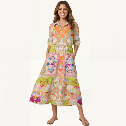 V Neck Collared Vivid Lily Floral Midi Dress With Pockets