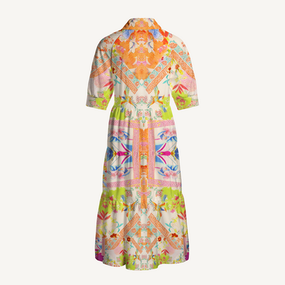 V Neck Collared Vivid Lily Floral Midi Dress With Pockets