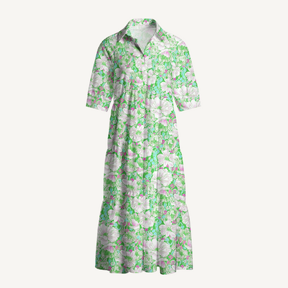 V Neck Collared Mint Garden Women Midi Dress With Pockets