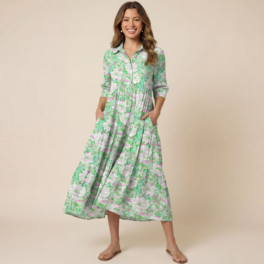 V Neck Collared Mint Garden Women Midi Dress With Pockets