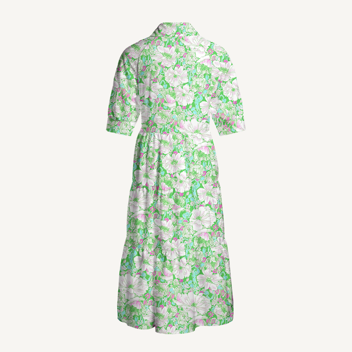 V Neck Collared Mint Garden Women Midi Dress With Pockets