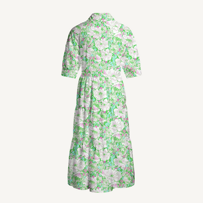 V Neck Collared Mint Garden Women Midi Dress With Pockets