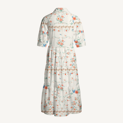 V Neck Collared Wild Bloom Casual Floral Midi Dress With Pockets